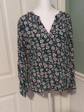 Esprit Navy Floral V-Neck Blouse with Green Leaves US Women's Size 6 Lightweight